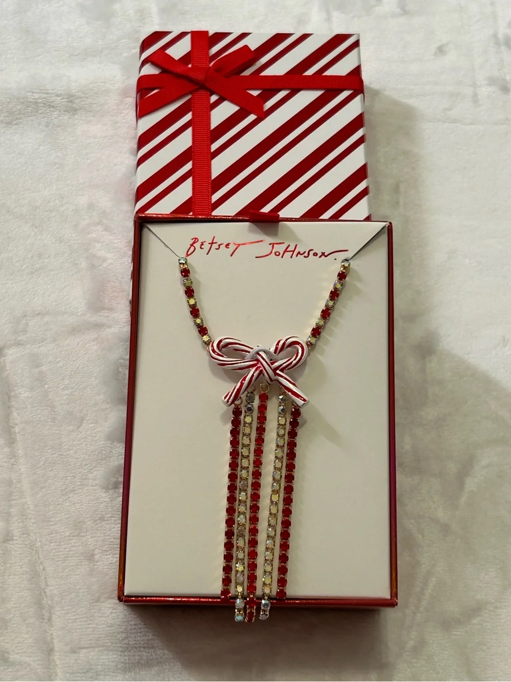 Betsey Johnson Candy Cane Bow Rhinestone Tassel Necklace NWT